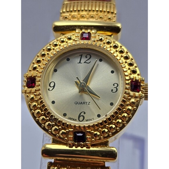 Avon Gold Tone Red Cabochon Bracelet Watch Japan Quartz New Battery 24mm Classic - Picture 4 of 11